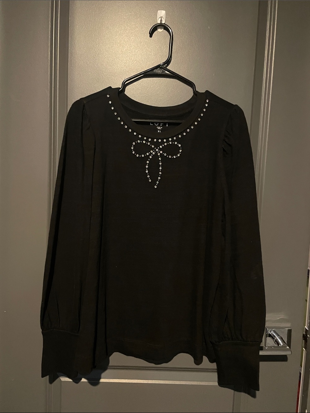 LOFT Black Long-Sleeve Embellished Bow Neck Top NWOT